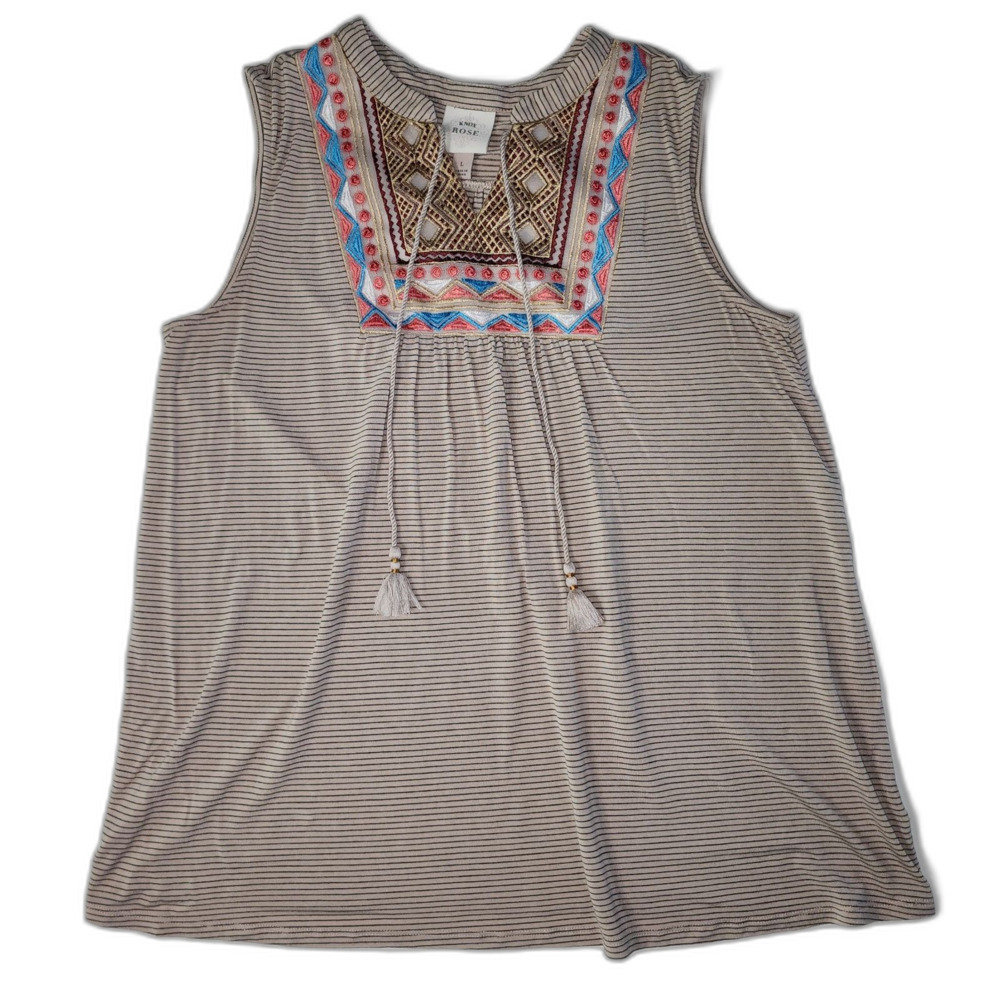 Knox Rose Tan Striped Embroidered Bohemian Tank Top Sz L